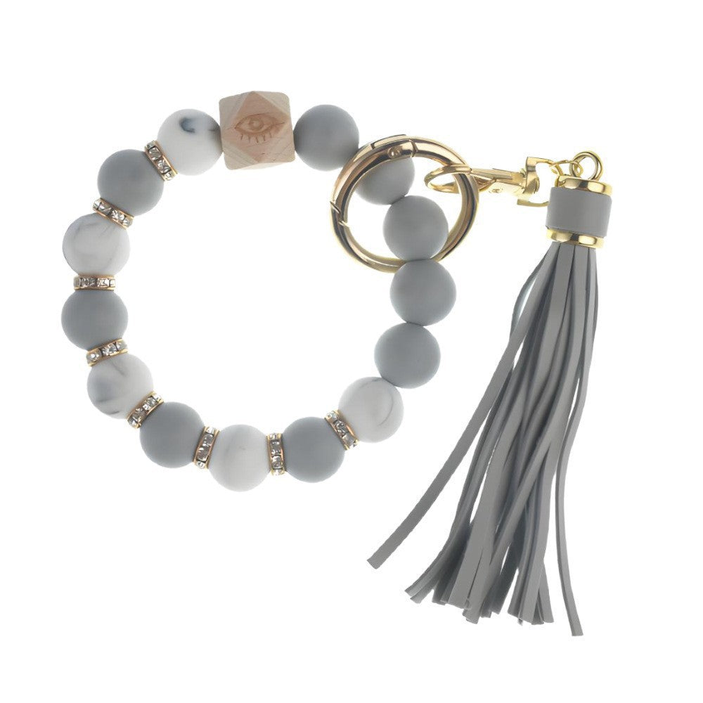 PU Tassel Keychain Women's Bag charm Silicone Beaded Keychain Wristlet Key Ring Bracelet Cute Car Key Chain Holder for Women Girls