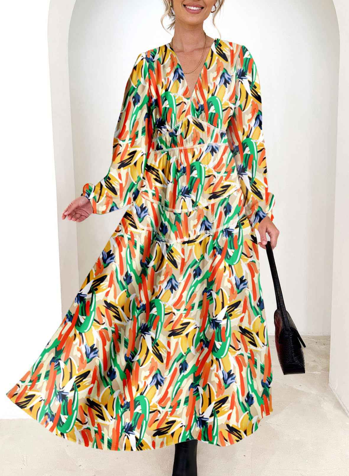 Bohemian female Long Lantern Sleeves Dress-Boho deep V printing high waist casual dress for women