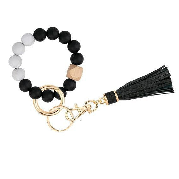 PU Tassel Keychain Bag charm Silicone Beaded Keychain Wristlet Key Ring Bracelet Cute Car Key Chain Holder for Women Girls