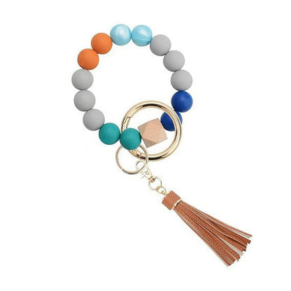 PU Tassel Keychain Bag charm Silicone Beaded Keychain Wristlet Key Ring Bracelet Cute Car Key Chain Holder for Women Girls