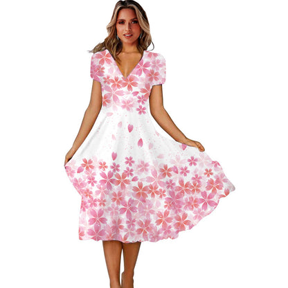 V Neck Bohemian Print Short Sleeve Dress - Flowy Casual Summer Dress with Elastic Waist -dropshippingabc.com