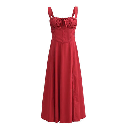 Square Neck Bustier Midi Dress - Low Cut Sleeveless Swing Sundress with Lace Trim & Spaghetti Straps -dropshippingabc.com