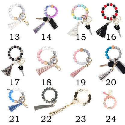 PU Tassel Keychain Bag charm Silicone Beaded Keychain Wristlet Key Ring Bracelet Cute Car Key Chain Holder for Women Girls -dropshippingabc.com