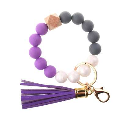 PU Tassel Keychain Bag charm Silicone Beaded Keychain Wristlet Key Ring Bracelet Cute Car Key Chain Holder for Women Girls