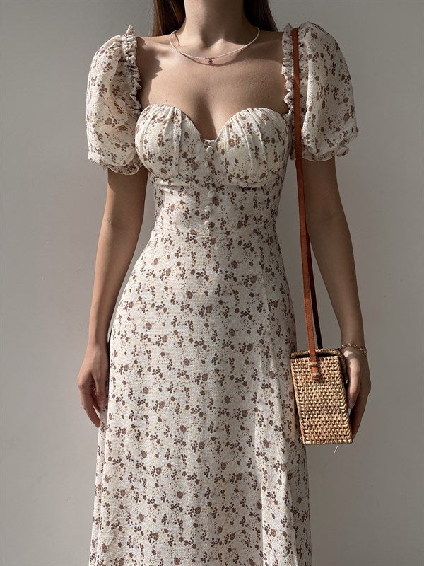 Sleeveless Floral Print Maxi Dress - Strapless Square Neck with High Slit & Waist Emphasis -dropshippingabc.com