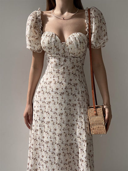 Sleeveless Floral Print Maxi Dress - Strapless Square Neck with High Slit & Waist Emphasis -dropshippingabc.com