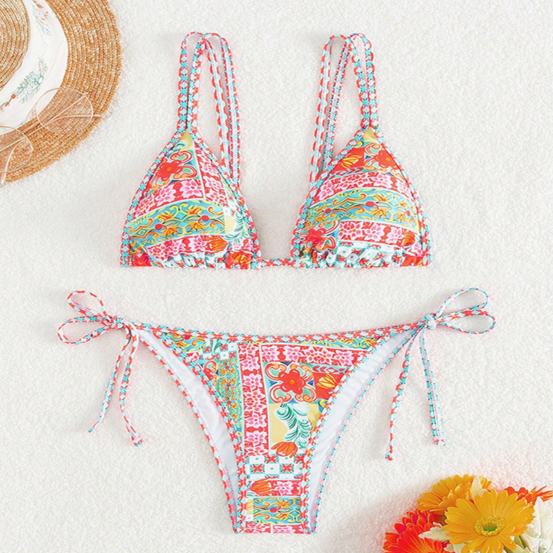Printed Triangle Sexy Split Swimsuit Three Points Beach Bikini Female Neck-Tie Halter Bikini W Random Flower -dropshippingabc.com
