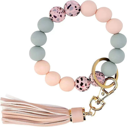 PU Tassel Keychain Bag charm Silicone Beaded Keychain Wristlet Key Ring Bracelet Cute Car Key Chain Holder for Women Girls -dropshippingabc.com