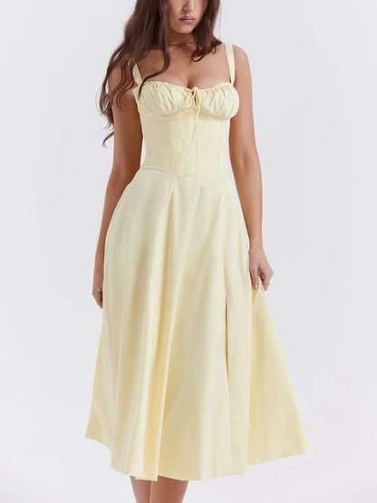 Sleeveless Strapless Bandage Corset Dress - Floral Print Long Midi Dress with Lace Up Back & Thigh Slit -dropshippingabc.com