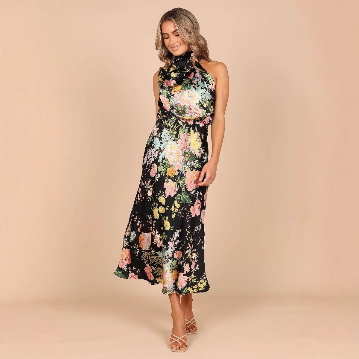 Women's Summer Sundress - Sexy Halter Sleeveless Satin Dress with Elastic Waist & Ruffle Trim -dropshippingabc.com