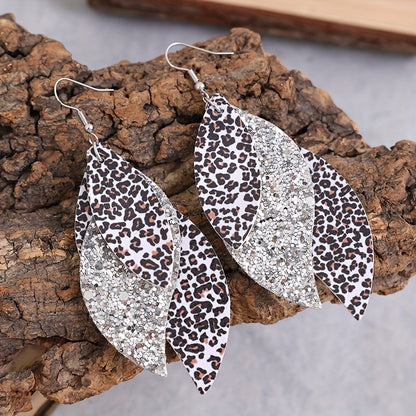 Bohemian Geometric Drop Earrings - Lightweight Faux Leather Leaf Design with Double-Sided Color & Triple Tassel Fringe -dropshippingabc.com