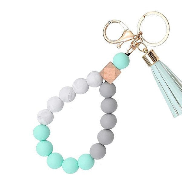 PU Tassel Keychain Women's Bag charm Silicone Beaded Keychain Wristlet Key Ring Bracelet Cute Car Key Chain Holder for Women Girls