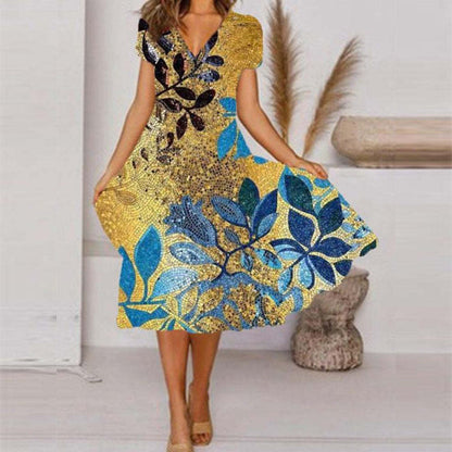 V Neck Bohemian Print Short Sleeve Dress - Flowy Casual Summer Dress with Elastic Waist -dropshippingabc.com