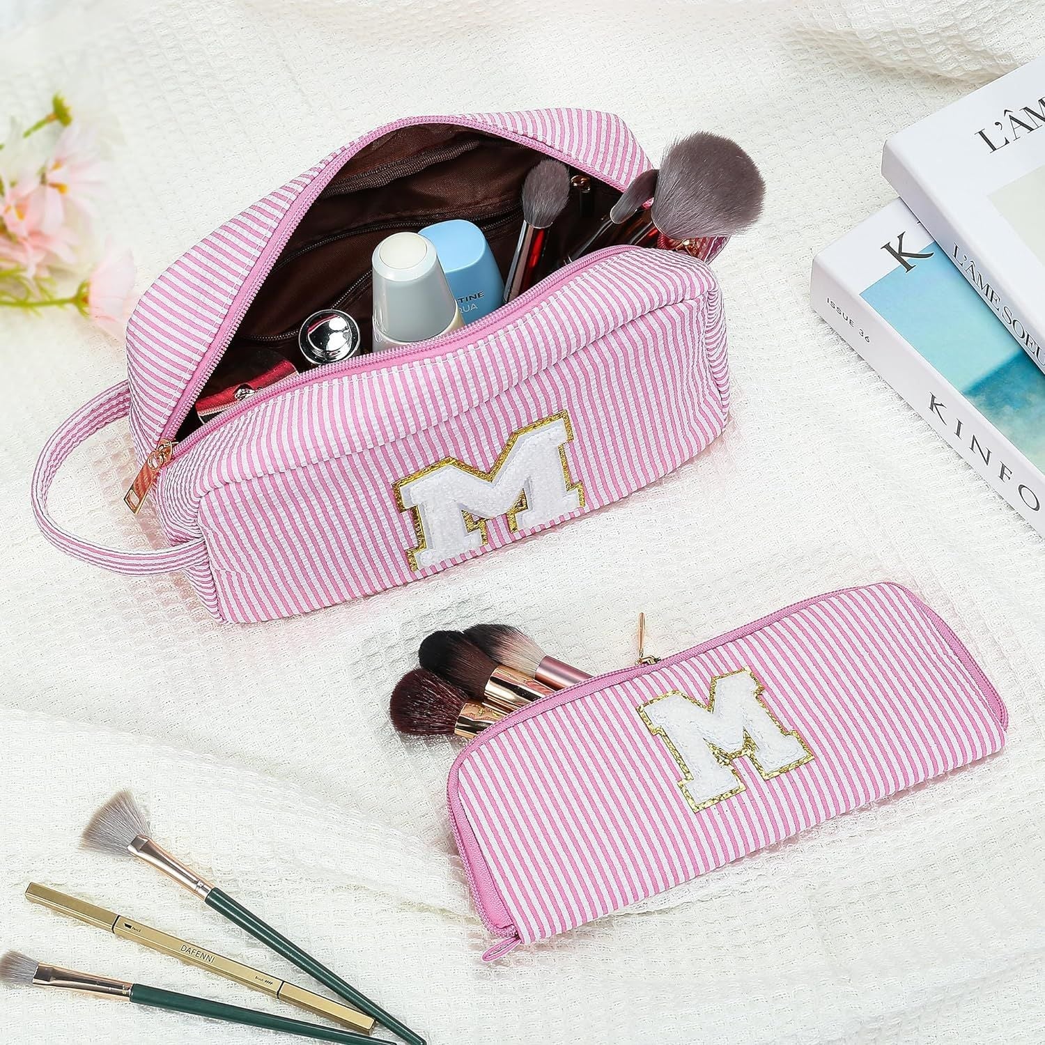 Chenille Striped Makeup Bag - 2-in-1 Lightweight Travel Cosmetic Organizer with Removable Compartments -dropshippingabc.com