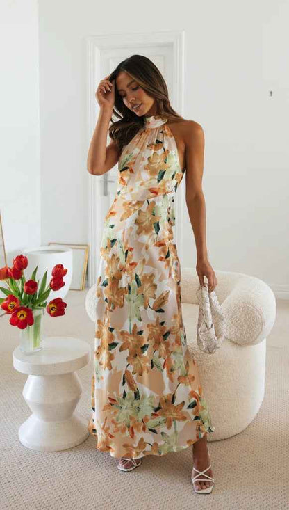 Summer Satin Dress Elegant Sleeveless Mock Neck Cocktail Party Maxi Dresses Sexy Halter Neck Floral Print Slim Casual dress
