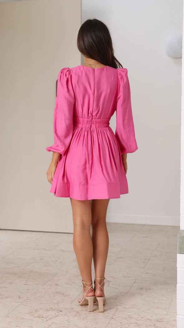 Skinny Deep V-Neck Waist Pleated Mini Dress - Long Sleeve Bodycon Short Dress