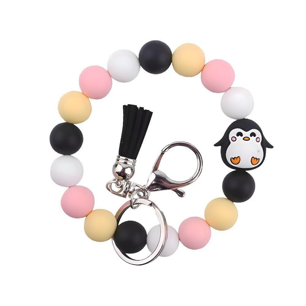 PU Tassel Keychain Bag charm Silicone Beaded Keychain Wristlet Key Ring Bracelet Cute Car Key Chain Holder for Women Girls