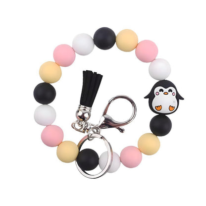 PU Tassel Keychain Bag charm Silicone Beaded Keychain Wristlet Key Ring Bracelet Cute Car Key Chain Holder for Women Girls