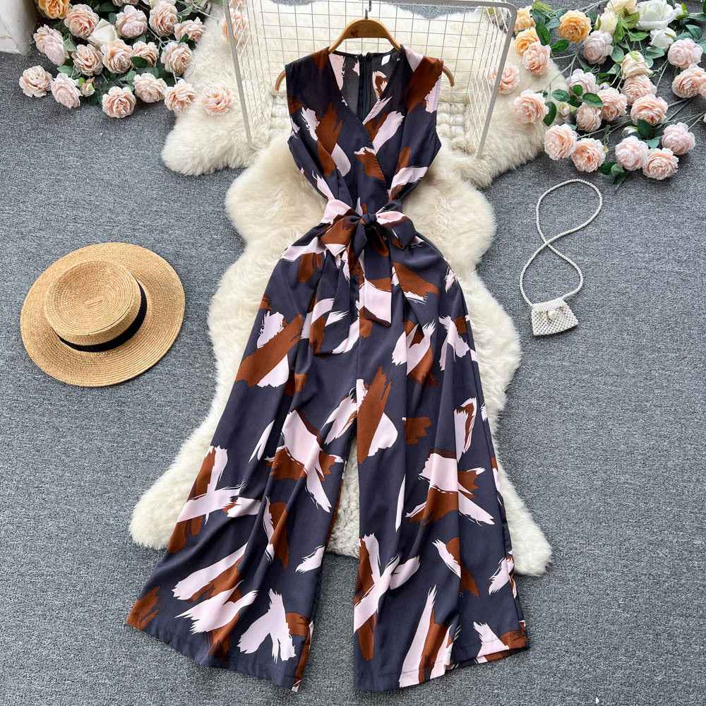 V-Neck High Waist Floral Print Wide Leg Jumpsuit - Loose Fit Women's Romper with Belt