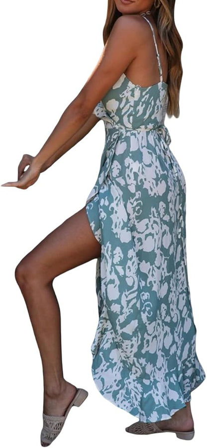 Sexy Floral Print Suspender Skirt Dress - Women's V-Neck Ruffled Reformation Style Holiday Party Dress -dropshippingabc.com