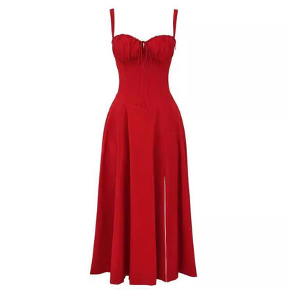 Sleeveless Strapless Bandage Corset Dress - Floral Print Long Midi Dress with Lace Up Back & Thigh Slit -dropshippingabc.com