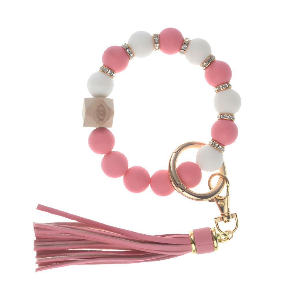 PU Tassel Keychain Women's Bag charm Silicone Beaded Keychain Wristlet Key Ring Bracelet Cute Car Key Chain Holder for Women Girls