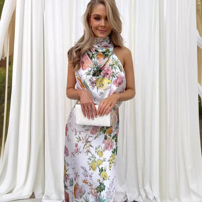 Women's Summer Sundress - Sexy Halter Sleeveless Satin Dress with Elastic Waist & Ruffle Trim -dropshippingabc.com