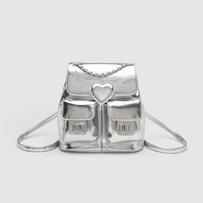 Silver Backpack Purse for Women - Elegant Metallic Finish Fashion Bag with Chain Strap, Versatile Travel Bucket Bag -dropshippingabc.com