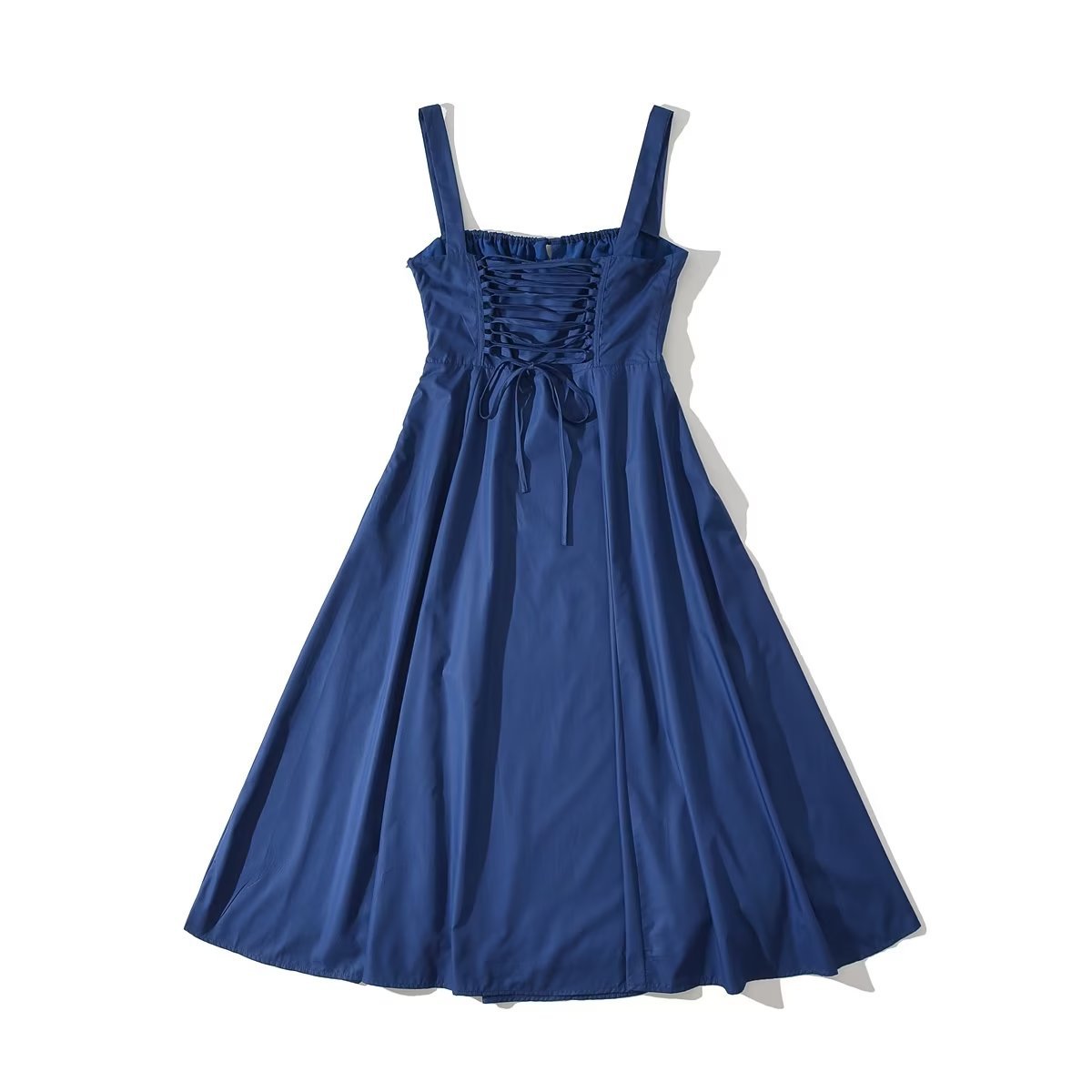 Square Neck Bustier Midi Dress - Low Cut Sleeveless Swing Sundress with Lace Trim & Spaghetti Straps -dropshippingabc.com