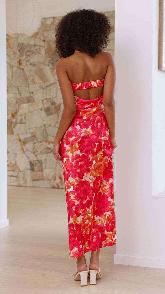 Satin Halter Backless Slit Midi Dress - Print High Neck Elastic Waist Wedding Guest Dress