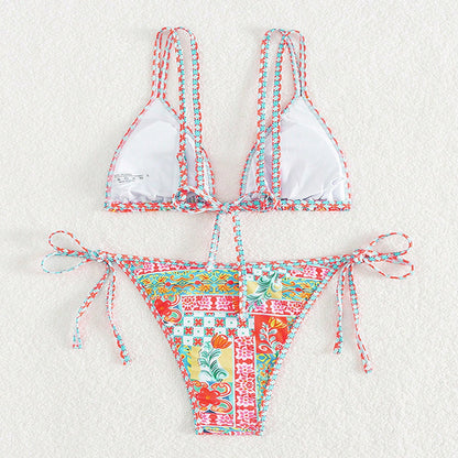 Printed Triangle Sexy Split Swimsuit Three Points Beach Bikini Female Neck-Tie Halter Bikini W Random Flower -dropshippingabc.com