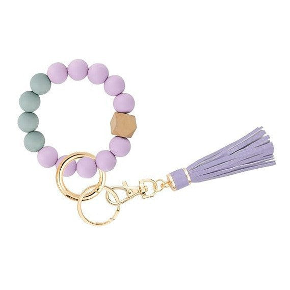 PU Tassel Keychain Bag charm Silicone Beaded Keychain Wristlet Key Ring Bracelet Cute Car Key Chain Holder for Women Girls