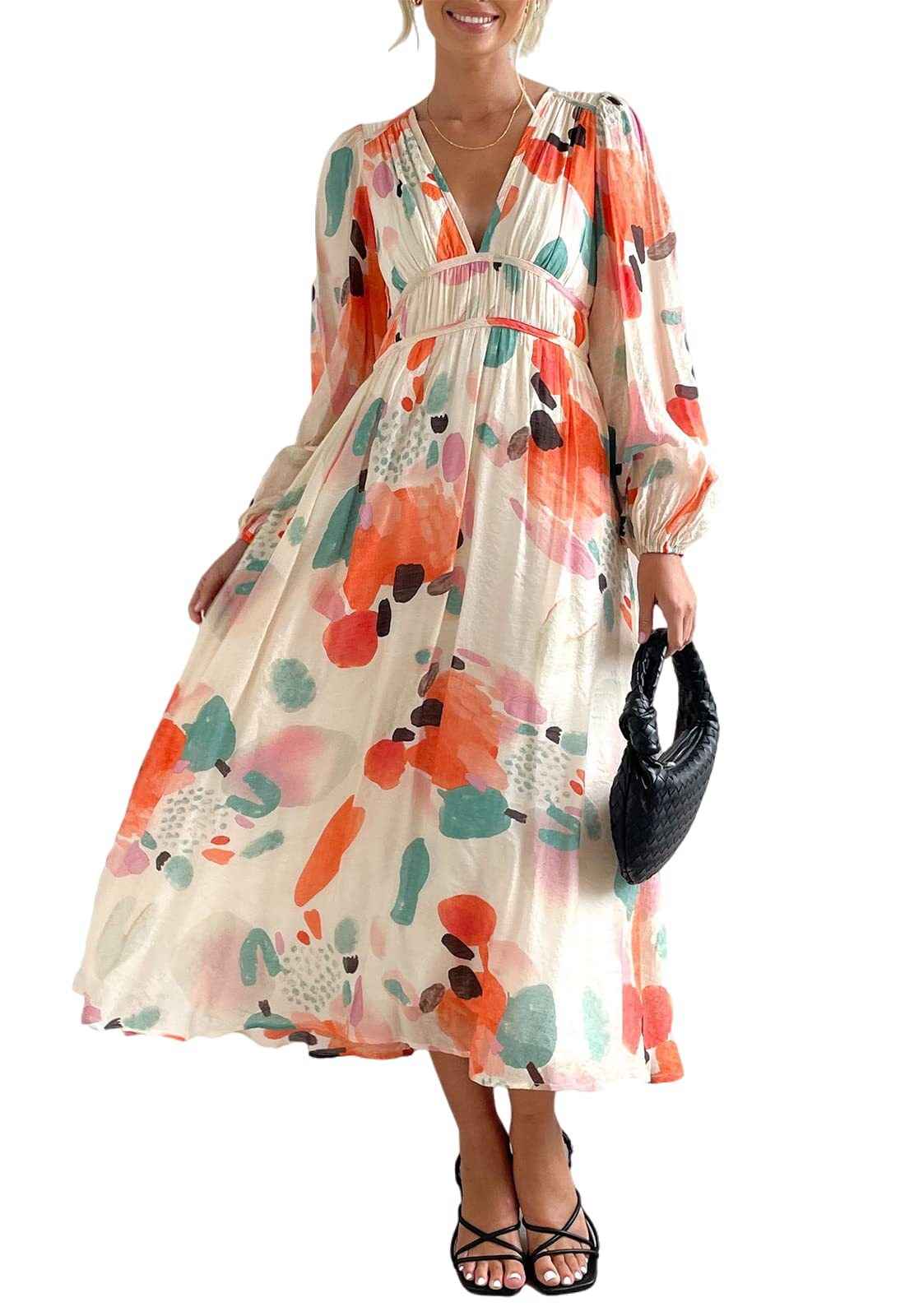 Bohemian female Long Lantern Sleeves Dress-Boho deep V printing high waist casual dress for women