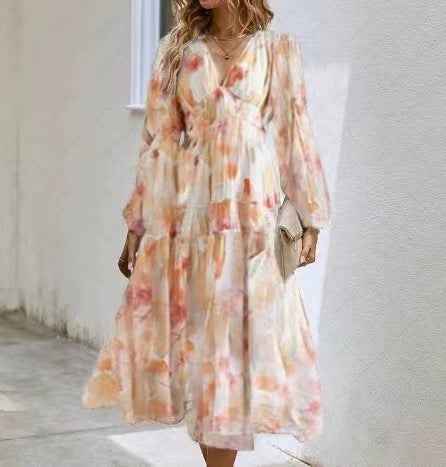 Bohemian female Long Lantern Sleeves Dress-Boho deep V printing high waist casual dress for women