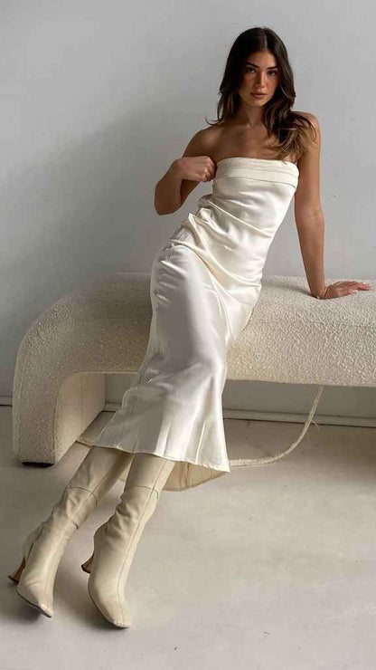 Satin Halter Backless Slit Midi Dress - Print High Neck Elastic Waist Wedding Guest Dress