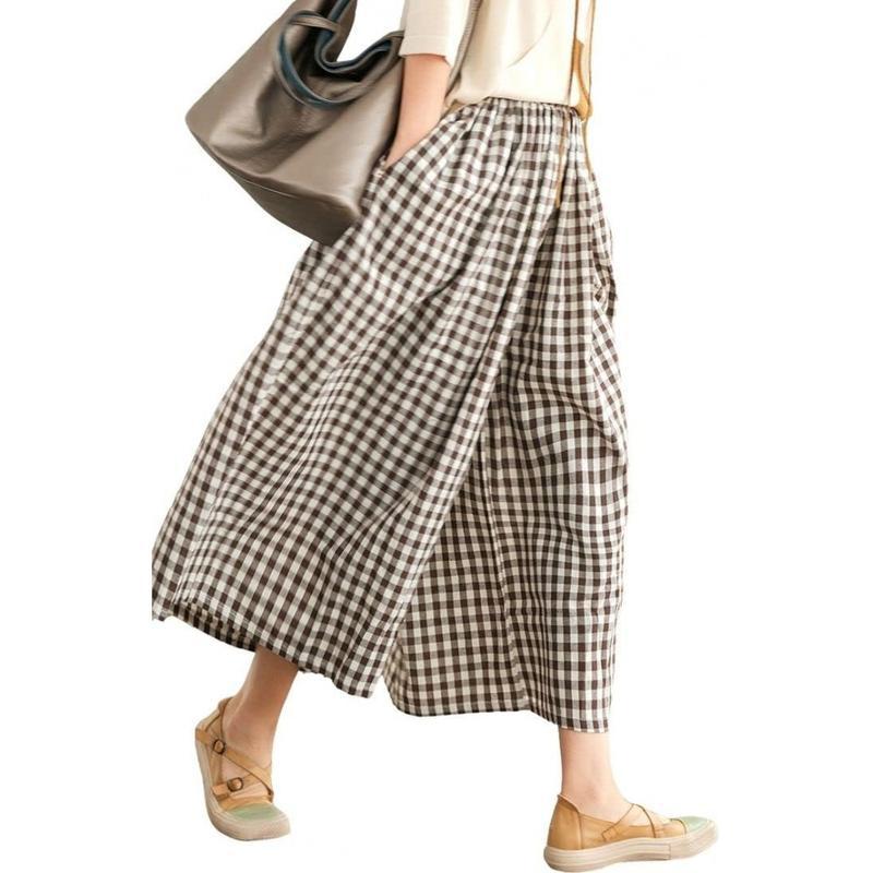 Women's Cotton Linen Plaid Pants - Elastic Waist Wide Leg Palazzo Capri Pants -dropshippingabc.com