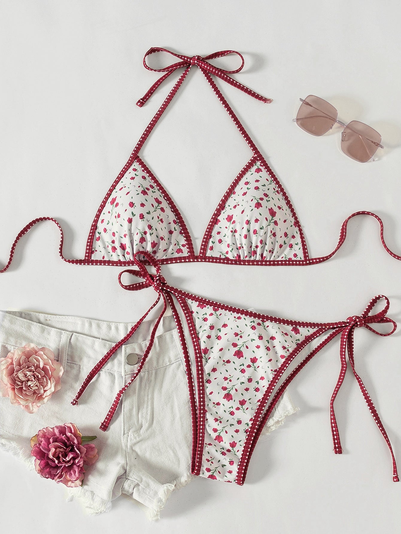 Contrasting Print Strap Sexy Bikini Split Swimsuit Batwing Short Sleeve Shirt W Plants Print