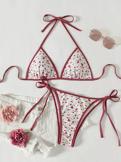 Contrasting Print Strap Sexy Bikini Split Swimsuit Batwing Short Sleeve Shirt W Plants Print