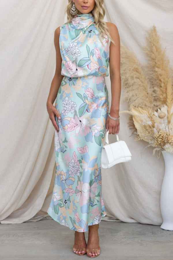 Sleeveless Strap Dress Slim Dress Satin Printing Temperament