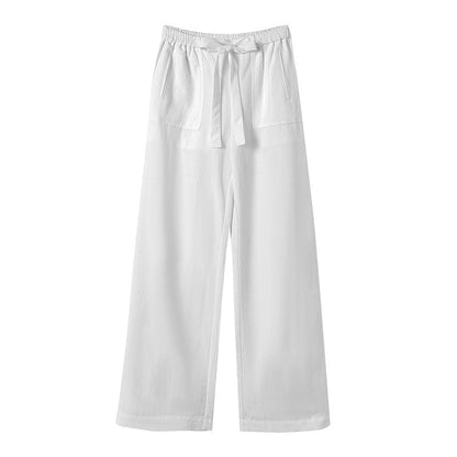 Women's Cotton Linen Wide Leg Pants - High Waisted Drawstring Summer Beach Pants with Pockets -dropshippingabc.com