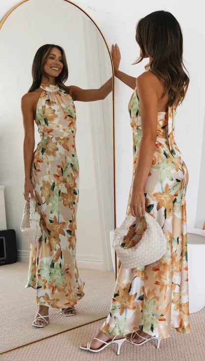Summer Satin Dress Elegant Sleeveless Mock Neck Cocktail Party Maxi Dresses Sexy Halter Neck Floral Print Slim Casual dress
