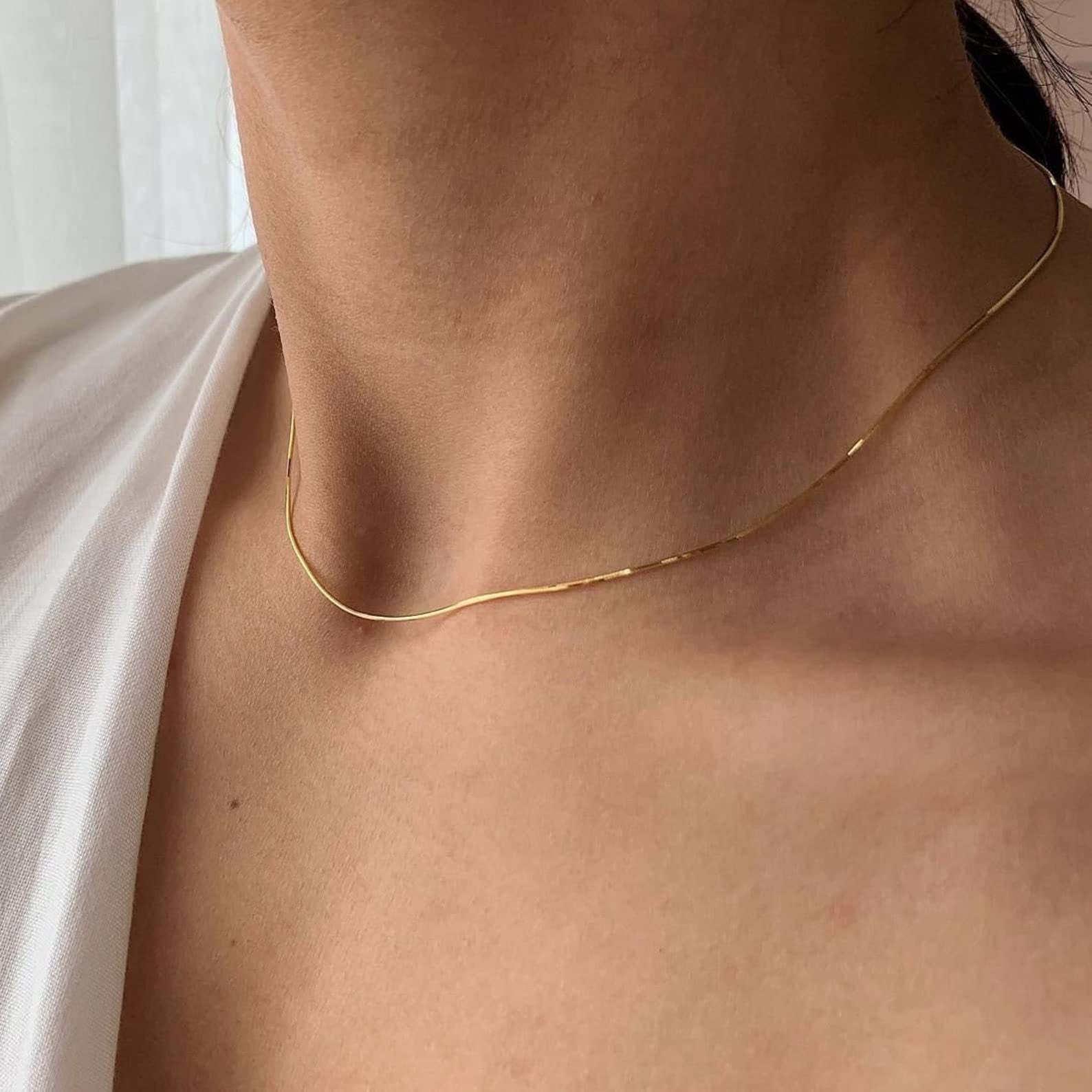 14K Gold Plated Herringbone Choker Necklace - Dainty Thin Snake Chain Layered Jewelry for Women -dropshippingabc.com