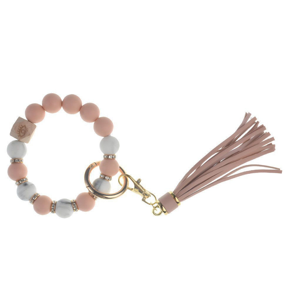 PU Tassel Keychain Women's Bag charm Silicone Beaded Keychain Wristlet Key Ring Bracelet Cute Car Key Chain Holder for Women Girls