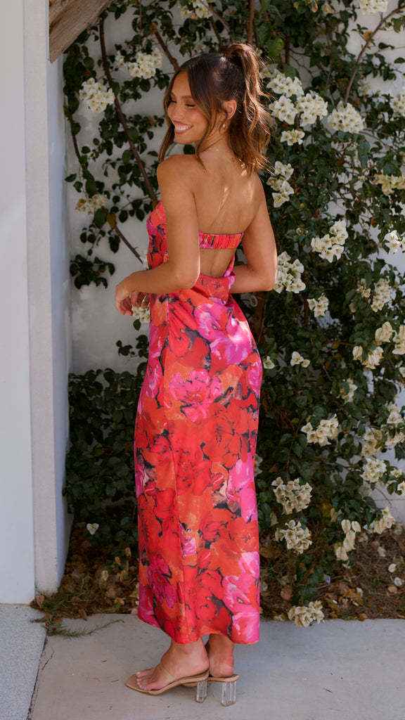 Satin Halter Backless Slit Midi Dress - Print High Neck Elastic Waist Wedding Guest Dress