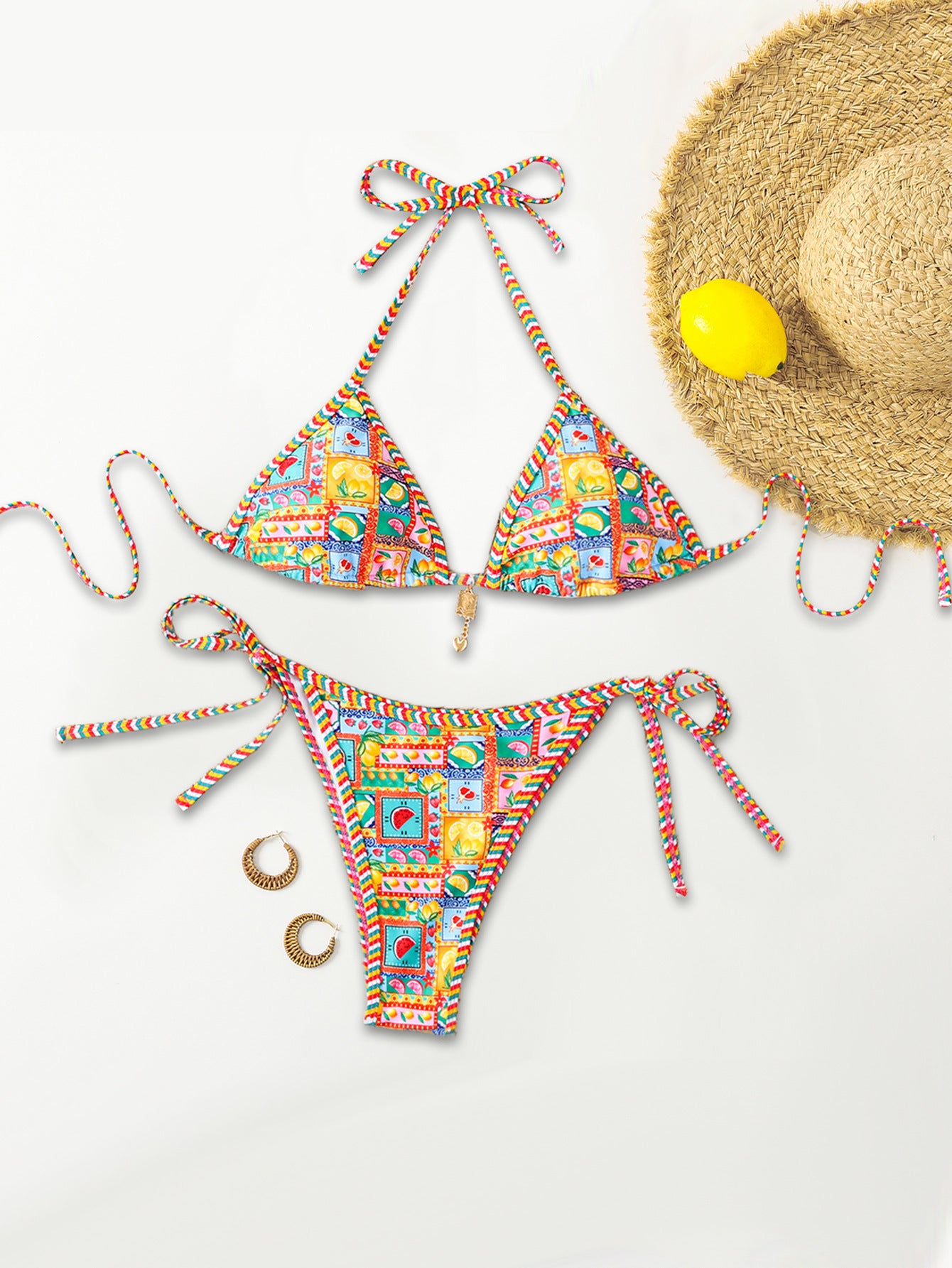 Plant Print Batwing Sleeve Bikini Set - Contrast Strap Sexy Split Swimsuit with Cover Up -dropshippingabc.com