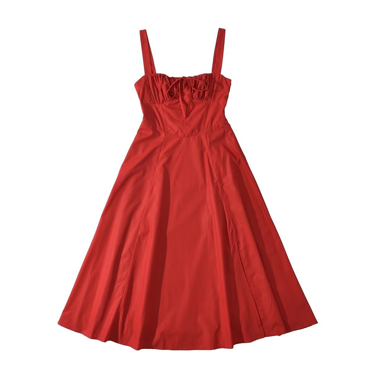 Square Neck Bustier Midi Dress - Low Cut Sleeveless Swing Sundress with Lace Trim & Spaghetti Straps -dropshippingabc.com
