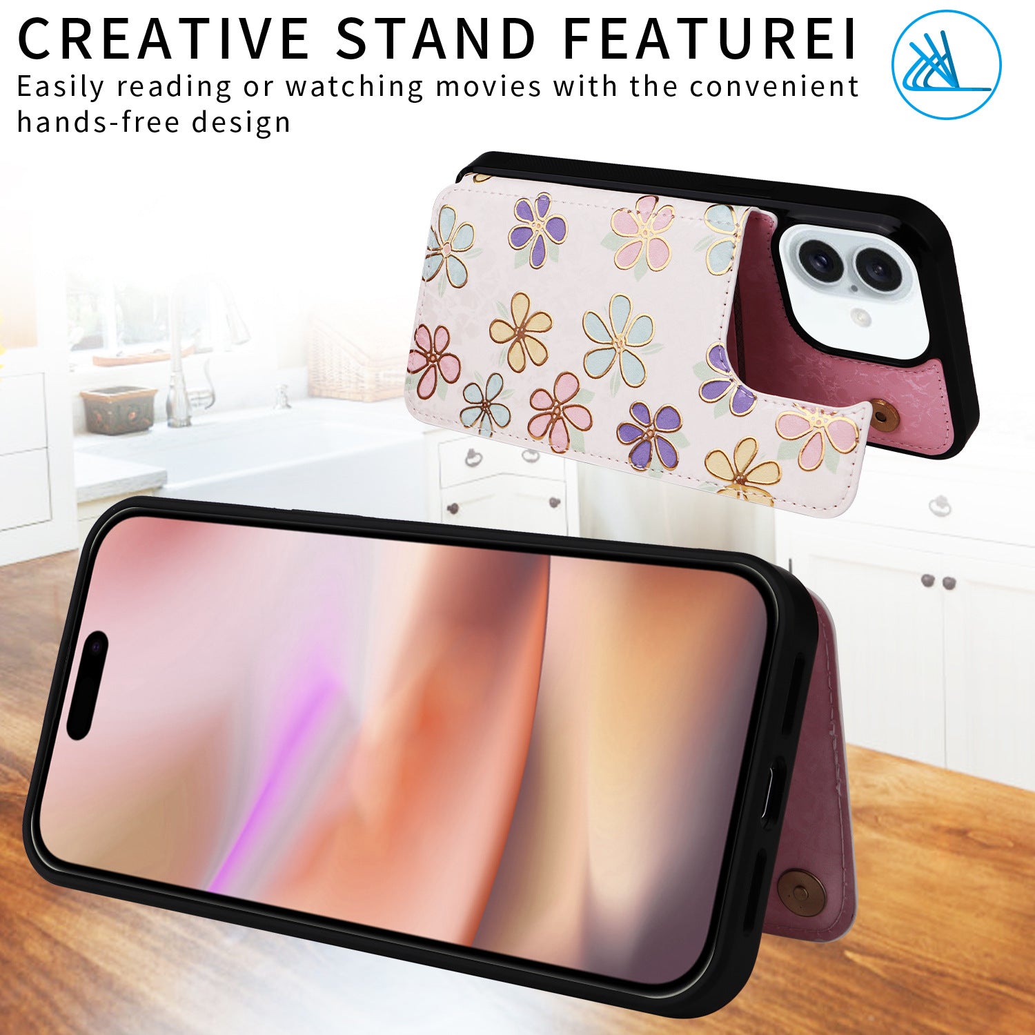 Card Holder Applicable to Apple 16 painted double buckle four-insert card wallet case 16pro max all-inclusive anti-drop case protective cover -dropshippingabc.com