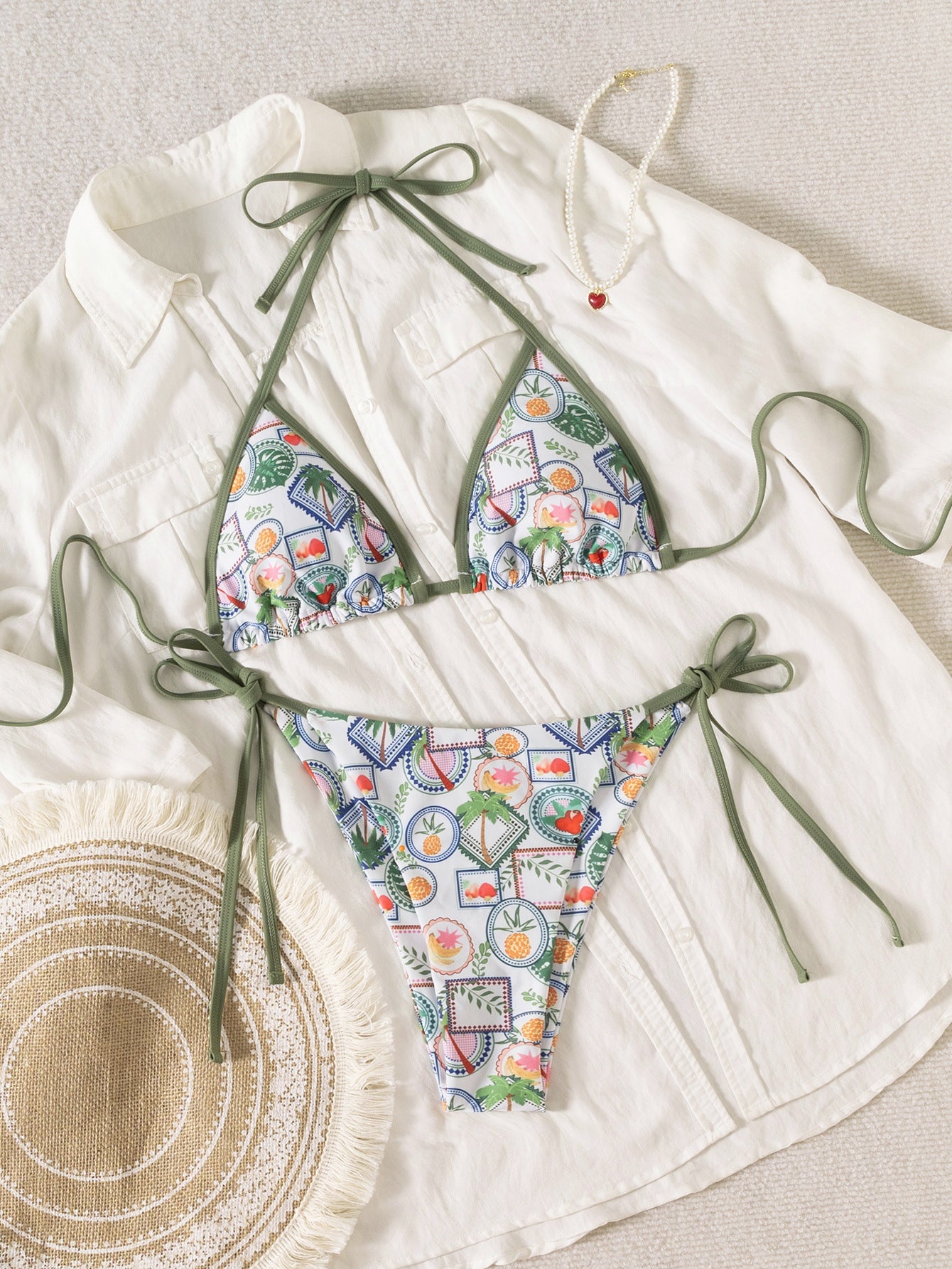 Hemming contrasting print strap sexy bikini split swimsuit Batwing Short Sleeve Shirt W Plants Print