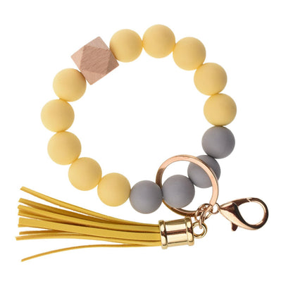 PU Tassel Keychain Bag charm Silicone Beaded Keychain Wristlet Key Ring Bracelet Cute Car Key Chain Holder for Women Girls