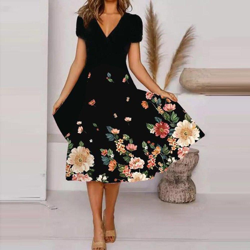 V Neck Bohemian Print Short Sleeve Dress - Flowy Casual Summer Dress with Elastic Waist